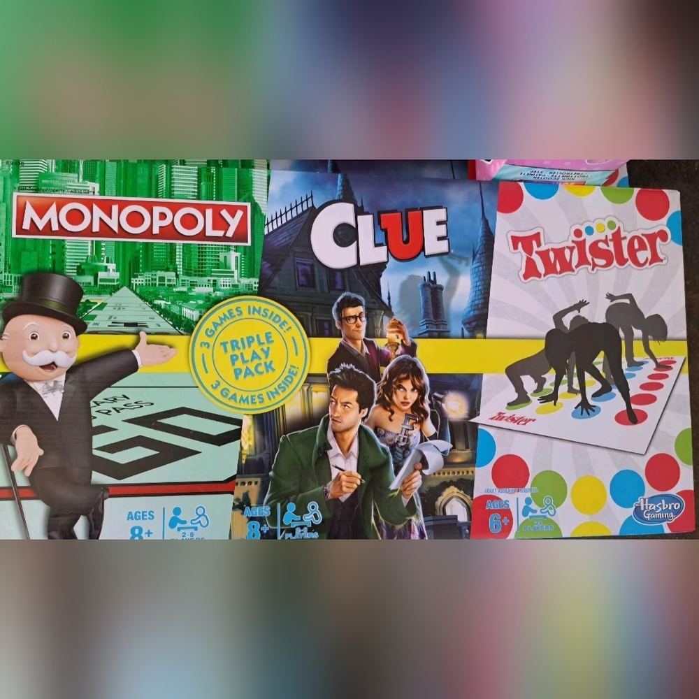 Brand New Triple Play 3 pack set; Monopoly, Clue, and Twister Board Game Set